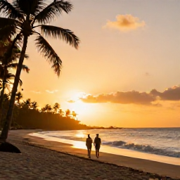 Caribbean Holidays, Grenada Multi-Country Holidays, Couple walking along a quiet Grenada beach at sunset, palm trees, gentle waves and warm November evening light