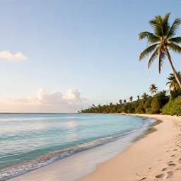 Caribbean Holidays, Grenada Multi-Country Holidays, Grand Anse Beach in Grenada at sunrise, calm turquoise water, soft sand and palm trees, realistic Caribbean travel photograph