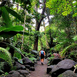 Caribbean Holidays, Grenada Multi-Country Holidays, Lush rainforest trail near a waterfall in Grenada, tropical foliage, volcanic rocks and a hiker walking beneath tall trees, realistic nature travel photograph