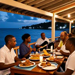 Caribbean Holidays, Grenada Multi-Country Holidays, Travellers dining at a lively Caribbean waterfront restaurant in the evening, with local dishes, music and warm island lighting