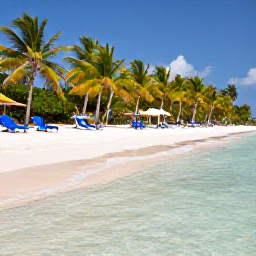 Caribbean Holidays, Grenada Multi-Country, Relaxed Caribbean beach scene with white sand, clear shallow water, sun loungers and palm trees on a quiet tropical island