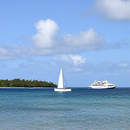 Caribbean Holidays, Grenada Multi-Country, Small inter-island ferry and sailing boats travelling across calm Caribbean waters between tropical islands