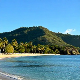 Caribbean Holidays, Grenada Nature Holidays, A bright December morning view of Grand Anse Beach and Grenada&rsquo;s green hills, with calm turquoise water and a few palm trees