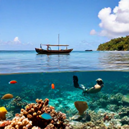 Caribbean Holidays, Grenada Nature Holidays, A calm Caribbean bay near Grenada with snorkellers above a coral reef, colourful fish and a traditional wooden boat