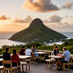 Caribbean Holidays, Grenada Nature Holidays, A friendly outdoor caf&eacute; or viewpoint in Grenada at sunset, with green hills, Caribbean sea and travellers enjoying a relaxed evening