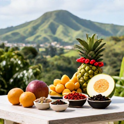 Caribbean Holidays, Grenada Nature Holidays, A friendly outdoor table in Grenada with fresh tropical fruit, local spices and a view towards green hills