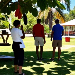 Caribbean Holidays, Grenada Nature Holidays, A Grenadian spice garden with nutmeg, cocoa and tropical plants, visited by travellers in bright March sunshine