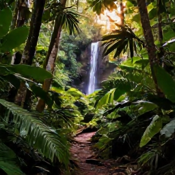 Caribbean Holidays, Grenada Nature Holidays, A lush Grenadian rainforest trail in March, with tropical foliage, warm sunlight and a gentle waterfall in the distance
