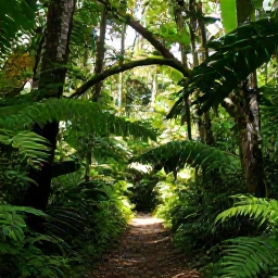 Caribbean Holidays, Grenada Nature Holidays, A lush rainforest trail in Grand Etang National Park, Grenada, with tropical foliage, ferns and soft June sunlight