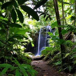 Caribbean Holidays, Grenada Nature Holidays, A lush tropical rainforest trail in Grenada during May, with emerald foliage, sunlight and a gentle waterfall