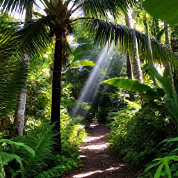 Caribbean Holidays, Grenada Nature Holidays, A lush tropical rainforest trail in Grenada with tall palms, ferns, and shafts of sunlight