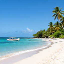 Caribbean Holidays, Grenada Nature Holidays, A peaceful beach on Grenada's south coast with clear turquoise water, palm trees and a small snorkelling boat offshore
