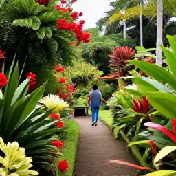 Caribbean Holidays, Grenada Nature Holidays, A peaceful eco-friendly garden in Grenada with tropical flowers, spice plants and a visitor walking along a path