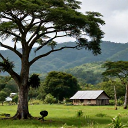 Caribbean Holidays, Grenada Nature Holidays, A peaceful Grenadian countryside scene with spice trees, rainforest-covered hills, and a small traditional farm