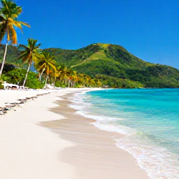 Caribbean Holidays, Grenada Nature Holidays, A quiet Grenada beach with clear turquoise water, palm trees and green hills in the background, photographed in June sunshine