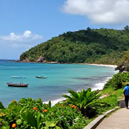 Caribbean Holidays, Grenada Nature Holidays, A quiet Grenada coastline in January with a forested headland, turquoise sea, small fishing boats and a visitor exploring a coastal path