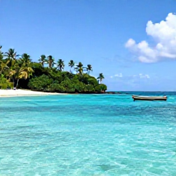 Caribbean Holidays, Grenada Nature Holidays, A quiet Grenadian coastline in May with turquoise water, a sheltered cove, palm trees and a small traditional boat