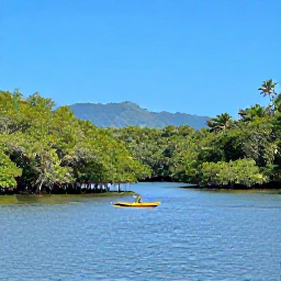 Caribbean Holidays, Grenada Nature Holidays, A quiet mangrove wetland and coastal lagoon in Grenada, with kayaks, tropical vegetation, and distant blue hills