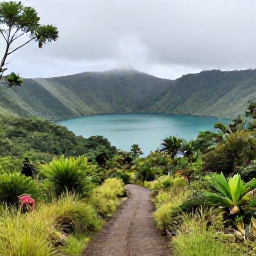 Caribbean Holidays, Grenada Nature Holidays, A scenic hiking path through Grenada&rsquo;s Grand Etang rainforest, with a crater lake and misty green hills in the background