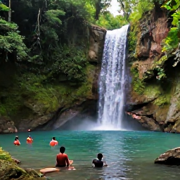 Caribbean Holidays, Grenada Nature Holidays, A scenic waterfall in Grenada surrounded by lush tropical forest, with clear pools and visitors enjoying a gentle swim