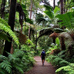 Caribbean Holidays, Grenada Nature Holidays, A shaded rainforest trail in Grand Etang National Park, with towering trees, ferns and a hiker walking beside lush vegetation