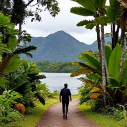 Caribbean Holidays, Grenada Nature Holidays, A visitor walking through Grenada's Grand Etang National Park rainforest beside tropical plants, tall trees and a calm mountain lake