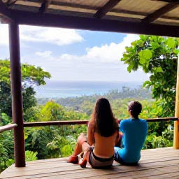 Caribbean Holidays, Grenada Nature Holidays, Friendly travellers enjoying a small eco-lodge terrace overlooking Grenada&rsquo;s rainforest and distant Caribbean sea