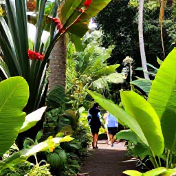 Caribbean Holidays, Grenada Nature Holidays, Grenada botanical garden with tropical flowers, spice trees and a visitor walking beneath lush green foliage