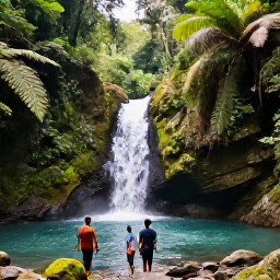 Caribbean Holidays, Grenada Nature Holidays, Hikers walking through dense Grenada rainforest towards a clear tropical waterfall, with ferns and moss-covered rocks