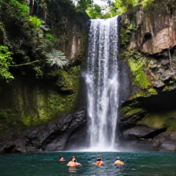 Caribbean Holidays, Grenada Nature Holidays, Quiet Annandale Falls in Grenada surrounded by tropical plants, with visitors swimming in the natural pool