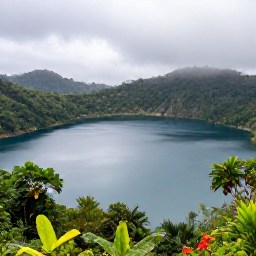Caribbean Holidays, Grenada Nature Holidays, Quiet Grand Etang crater lake surrounded by misty green rainforest and mountain scenery in Grenada