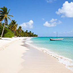 Caribbean Holidays, Grenada Nature Holidays, Quiet tropical beach in Grenada with clear turquoise water, pale sand, palm trees and a small traditional boat offshore