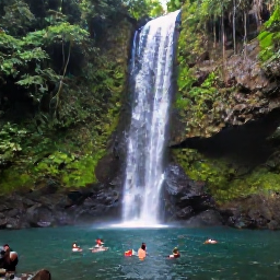 Caribbean Holidays, Grenada Nature Holidays, Seven Sisters Waterfalls in Grenada surrounded by dense tropical forest, with visitors swimming in a clear natural pool