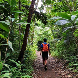 Caribbean Holidays, Grenada Nature Holidays, Traveller walking along a rainforest path at Grand Etang National Park, Grenada, surrounded by lush vegetation