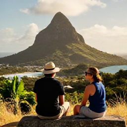 Caribbean Holidays, Grenada Nature Holidays, Travellers enjoying a scenic viewpoint over Grenada's green mountains and coastline in warm March weather