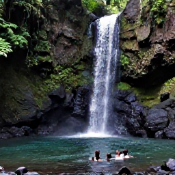 Caribbean Holidays, Grenada Nature Holidays, Visitors swimming beneath a clear waterfall in Grenada's rainforest, surrounded by tropical plants and dark volcanic rocks