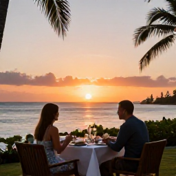 Caribbean Holidays, Grenada October Holidays, A couple enjoying a relaxed sunset dinner at a Grenada all-inclusive resort, with ocean views, warm evening light and palm trees