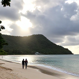 Caribbean Holidays, Grenada October Holidays, A couple walking beside a peaceful Grenada beach after a tropical shower, with sun breaking through clouds and lush green hills behind