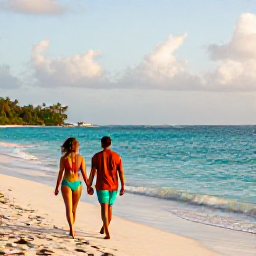 Caribbean Holidays, Grenada October Holidays, A couple walking hand in hand along Grand Anse Beach in Grenada during a warm October afternoon, turquoise sea and soft golden light