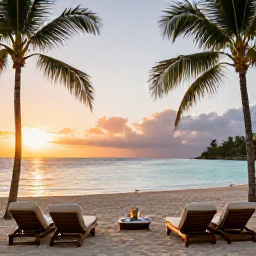 Caribbean Holidays, Grenada October Holidays, A luxurious beachfront resort in Grenada at sunset, with calm turquoise water, palm trees and elegant loungers