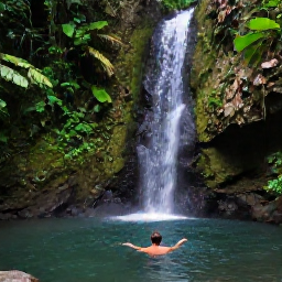 Caribbean Holidays, Grenada October Holidays, A secluded Grenada rainforest waterfall surrounded by lush tropical plants, with a traveller swimming in the clear pool