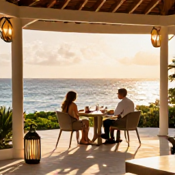 Caribbean Holidays, Grenada October Holidays, An elegant Grenada resort terrace overlooking the sea at golden hour, with outdoor dining, lanterns and a relaxed couple enjoying the view