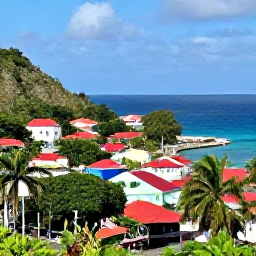 Caribbean Holidays, Grenada October Holidays, Colourful St George's harbour in Grenada viewed from a hillside, with red-roofed buildings, blue sea and tropical greenery