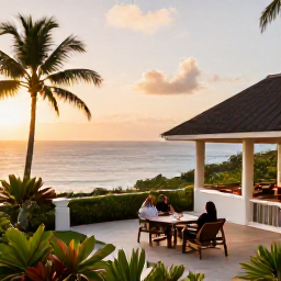 Caribbean Holidays, Grenada October Holidays, Comfortable couple's hotel terrace overlooking the Caribbean Sea in Grenada, tropical gardens and warm evening light