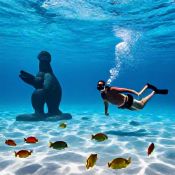 Caribbean Holidays, Grenada October Holidays, Couple snorkelling in clear water at Molinere Underwater Sculpture Park near Grenada, colourful fish and submerged statues visible
