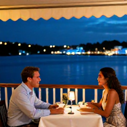 Caribbean Holidays, Grenada October Holidays, Elegant couple dining outdoors at a small restaurant in St George's Grenada, harbour lights and Caribbean evening atmosphere