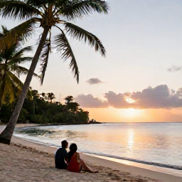 Caribbean Holidays, Grenada October Holidays, Romantic sunset at Grand Anse Beach in Grenada, couple sitting on the sand beside calm Caribbean water and palm trees