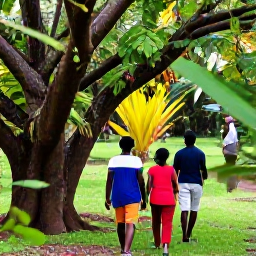 Caribbean Holidays, Grenada October Holidays, Visitors walking through a lush Grenadian spice plantation with nutmeg trees, tropical plants and a knowledgeable local guide