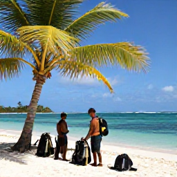 Caribbean Holidays, Grenada Scuba Diving, Friendly dive instructors preparing scuba equipment beside a palm-fringed beach on Grenada