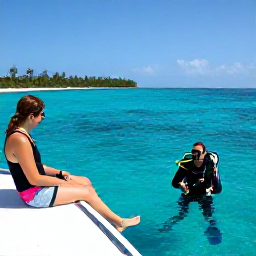 Caribbean Holidays, Grenada Scuba Diving, Friendly divers relaxing beside a boat after a clear-water dive in Grenada, with a sunny Caribbean coastline in the background